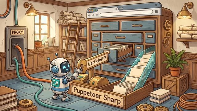 A robot with a C# badge operates a console labeled “Puppeteer Sharp” as a selector marked “//article/h2” pulls data cards from a browser-shaped filing cabinet connected through a wall relay labeled “PROXY”.