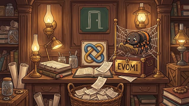 A cute cartoon spider sits atop a wooden box labeled "EVOMI" and uses a comb to pull paper pages down into a basket on a wooden desk featuring a framed door outline plaque, an intertwined blue and yellow snake emblem, glowing oil lamps, and stacks of books.
