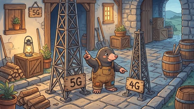 A mole wearing overalls stands in a stone courtyard between a tall metal lattice tower with a wooden sign labeled "5G" and a shorter metal lattice tower with a wooden sign labeled "4G", pointing one hand up toward the taller tower and gesturing with the other toward the smaller one.