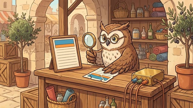 An owl wearing round eyeglasses sits behind a wooden desk holding up a magnifying glass to examine a framed document displaying blue and orange header stripes, while resting a wing on a torn paper with identical colored stripes next to a metal box connected to several cables.