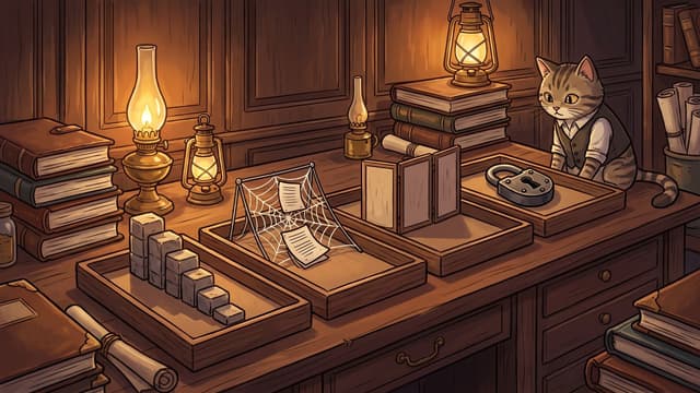 A striped cat wearing a vest sits at a wooden desk displaying four shallow wooden trays containing an ascending staircase of blocks, a metal frame with a spiderweb holding two paper pages, a folding screen, and a large padlock, surrounded by lit oil lamps and stacks of books.