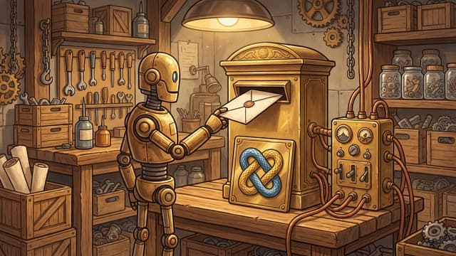 A golden metallic robot stands in a workshop, inserting a wax-sealed envelope into the slot of a brass mailbox decorated with an intertwined blue and yellow snake logo, which is connected by wires to an adjacent control box with gauges and switches.