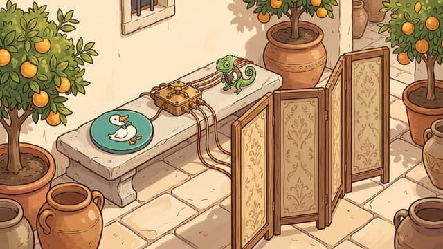 A small green chameleon stands on a stone bench next to a brass relay box connected by copper wires to a teal DuckDuckGo logo disc and a wooden folding privacy screen in a courtyard with potted orange trees.
