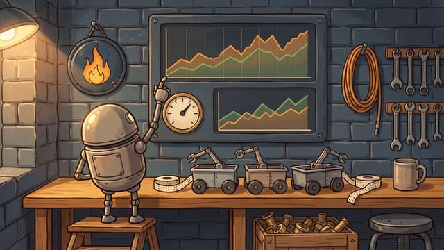 A small round robot standing on a wooden step at the left of a workbench, reaching up to point at the upper of two dark dashboard panels of amber and green line graphs fixed to a slate brick wall, with a round white gauge beside them and a dark plaque carrying an amber flame hanging to the left, and three small grey wheeled carts with grabber arms lined up along the bench in front of the panels, beside a reel of punched tape, a crate of brass fittings and two racks of spanners.
