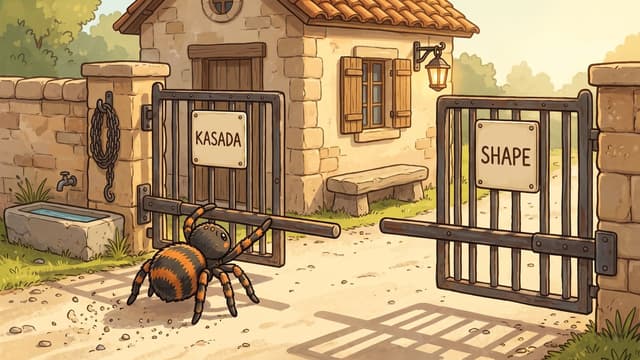 Two iron gates set in a sandstone wall in front of a tiled cottage, each with a plate fixed to its bars, the left lettered KASADA and the right lettered SHAPE, their barrier arms lowered out across the gravel path from either side with a gap left between their ends, and a cartoon spider stopped on the path under the left arm, with a stone trough, a hanging chain and a lit lantern around them.