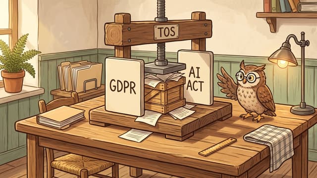 A wooden screw press on a scrubbed table pressing down on a small slatted crate of loose papers, with three lettered plates around it: a tall plate lettered GDPR standing at the left, a tall plate lettered AI ACT at the right, and a smaller plate lettered TOS fixed to the press beam above, with loose sheets spilling onto the table and a brown owl in round spectacles perched at the right beside a lit lamp.