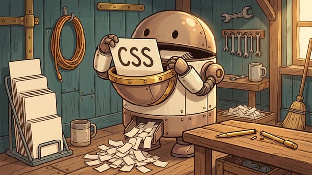 A large domed copper robot standing in a workshop with its chest open as a brass-rimmed hopper, feeding a white card lettered CSS down into the hopper with both hands, shredded paper strips falling out of a hatch at its foot into a heap on the floorboards, and a slim brass pointer snapped in two lying on the workbench at the right, with a rack of blank cards at the left and a wall of hanging spanners behind.