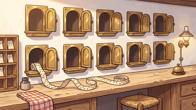 Ten brass service hatches set into a cream plaster wall above a long wooden counter, in two rows of five, every one of them standing open on its hinge with a small brass sill beneath, with a punched paper tape running out of the lower left hatch and curling along the counter, a rack of paper slips at the left, an ink bottle, a checked cloth, a service bell and a lit wall lamp at the right.