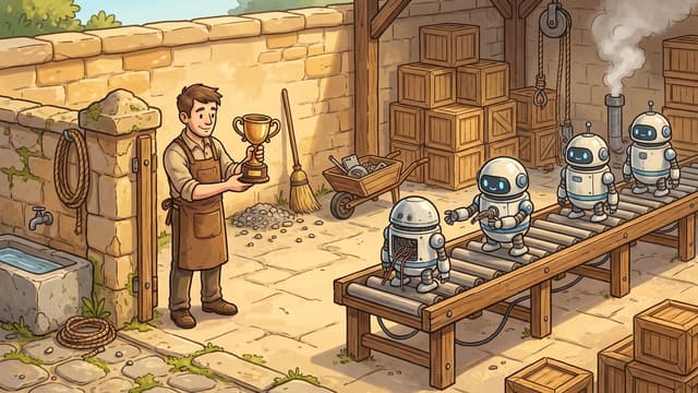 A human shopkeeper in a brown apron standing apart at the left of a sunlit sandstone workyard, holding up in both hands a small two-handled brass trophy cup on a pedestal foot and looking down at it, while at the right a long trestle assembly line carries four small round domed robots in different stages of build, one with its front panel open and its wiring showing and one having an arm fitted, with stacks of wooden crates behind them, a hoist rope, a barrow of parts and a plume of steam from a pipe above.