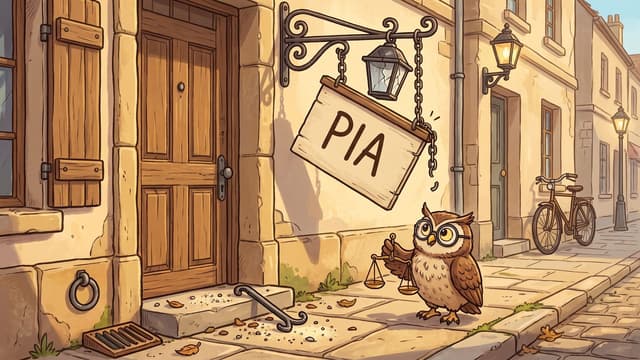 A hanging shop sign lettered PIA fallen loose on a cobbled street corner, still on one chain and swinging down at an angle from its iron bracket with the other chain hanging free, the lantern beside it dark and unlit and the shop door shut, a bent iron bar and scattered grit lying on the pale stone doorstep, and a brown owl in round spectacles standing on the pavement below holding up a small brass balance.