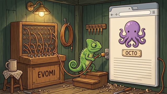 A green chameleon stands on wooden steps inside a workshop, plugging an orange cable connected to a wooden switchboard labeled "EVOMI" into a wall socket beside a large web browser screen featuring a purple octopus and a plaque labeled "OCTO".