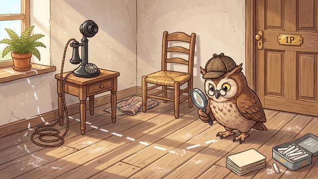 An owl wearing a plaid deerstalker hat and round glasses uses a magnifying glass to examine a white dashed line drawn across a wooden floor, leading from a vintage candlestick telephone on a small table toward a wooden door with a brass plate marked "IP".