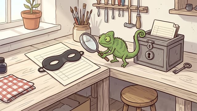 A green chameleon stands on a wooden workshop desk holding a magnifying glass, positioned between a sheet of paper covered by a black eye mask on the left and a locked metal box filled with papers beside a key on the right.