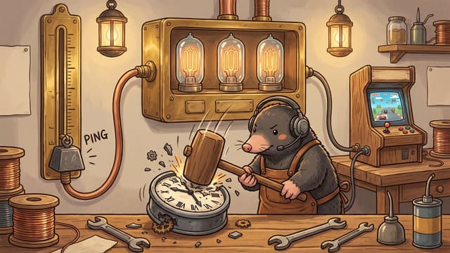 A mole wearing a headset and apron strikes a Roman numeral clock with a wooden mallet at a workbench, set between a vertical gauge labeled "PING", a wall-mounted brass box with three glowing vacuum tubes, and a tabletop arcade gaming console showing a racing game.