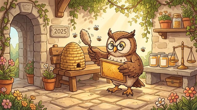 An owl wearing eyeglasses holds a wooden honeycomb frame and a feather duster near bees flying around a woven beehive on a bench, set in a stone courtyard with a wall plaque labeled "2025" and jars of honey beside a balance scale.