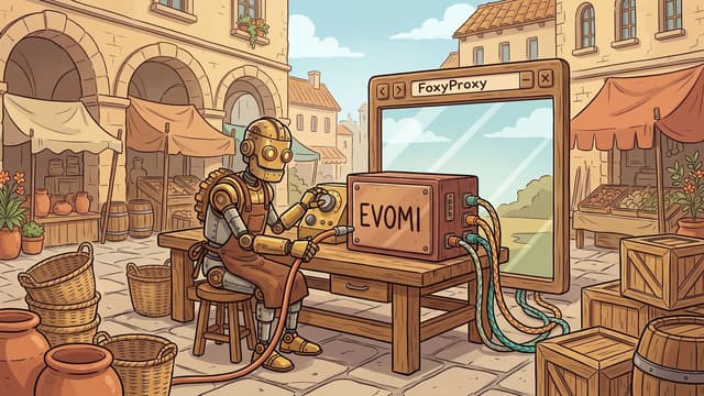 A brass robot at an oak workbench holds a thick copper cable at a mahogany junction box lettered EVOMI while its other hand rests on a brass rotary dial, with cables running from the box to a wooden browser-window prop headed FoxyProxy.