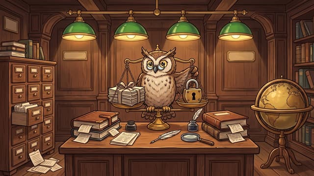 An owl in round spectacles perches at a desk holding a two-pan brass balance scale that weighs a stack of paper slips against a heavy brass padlock, with leather-bound ledgers stacked on the desk and four green-shaded brass banker lamps hanging above.