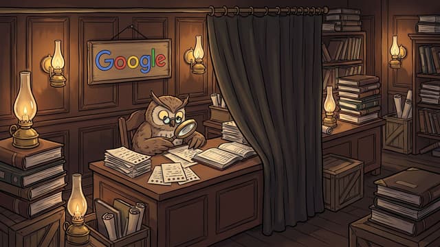 An owl in round spectacles bends over a desk in a lamplit panelled hall holding a brass magnifying glass above spread papers and open ledgers, a heavy curtain drawn across in front of the desk and a signboard lettered Google in its blue, red, yellow and green colours on the wall behind.