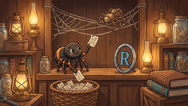 A cartoon spider picks printed pages off a stretched silk web and drops them into a woven basket in a lamplit panelled hall, with a small brass mechanical crawler walking the strands above and a grey oval ring holding a blue capital R propped on the counter.