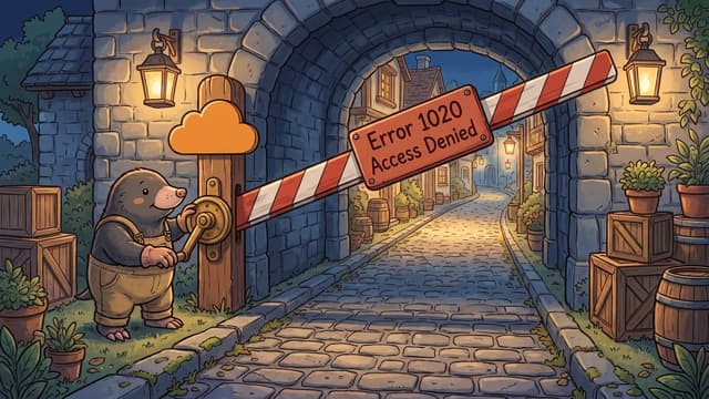 A mole in canvas overalls turns a brass winch handle to raise a striped barrier boom off a gatehouse road, the boom carrying a red plaque lettered Error 1020 and Access Denied and the post above it mounted with a solid orange cloud.
