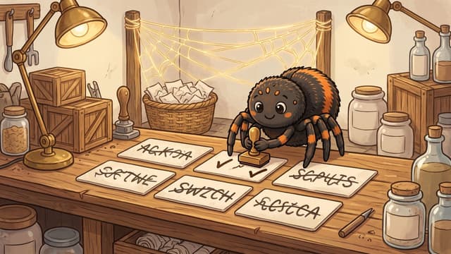 A cartoon spider presses a brass stamp onto one of six cards laid out on a scrubbed oak counter, each card printed with wavy distorted letters crossed by a squiggling line, with a glowing silk web stretched behind the counter above a basket of collected pages.