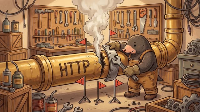A mole in canvas overalls clamps a curved metal patch over a burst joint in a thick brass pipe lettered HTTP with a spanner, steam jetting from the split and small red warning flags planted around it.
