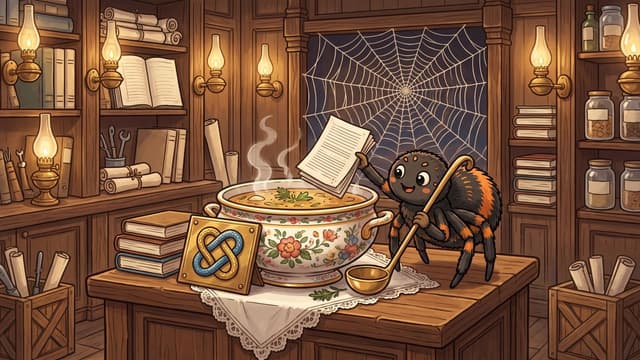 A cartoon spider holding a brass ladle dips printed pages into a painted tureen of steaming garnished broth on a lace cloth, with a plaque of two interlocking blue and yellow snakes propped on the counter beside it.