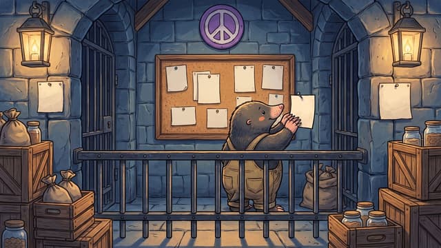 A mole in canvas overalls stands behind a barred iron railing pinning a paper notice to the stone wall beside a cork board already hung with notices, beneath a purple disc bearing a white peace symbol.