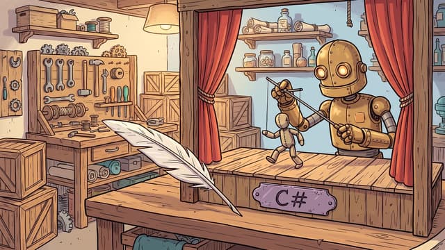 A brass robot works a rod-puppet mid-stride on the boards of a small wooden theatre stage with its curtains drawn back and a large quill pen lying on the apron, a purple plaque lettered C# mounted on the front of the stage.