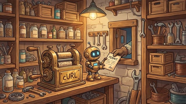 A small golden robot stands on a wooden workbench next to a brass machine labeled "CURL" while receiving a paper document labeled "PERMIT" from a gloved hand reaching through a small hatch window inside a cluttered workshop filled with tools and shelves.
