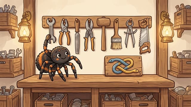 A cartoon spider stands on a wooden workbench in a workshop, reaching up to choose a wrench from a wall rack holding eight tools above a wooden plaque featuring an intertwined blue and yellow Python mark.