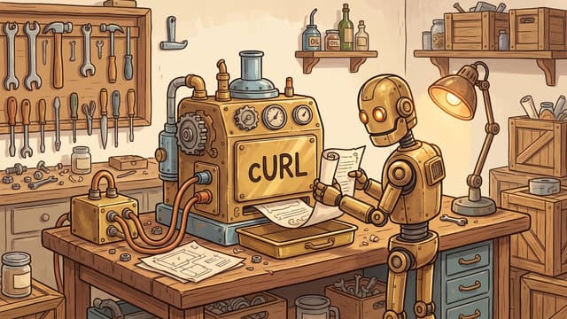A golden robot stands at a wooden workbench inside a workshop holding a printed paper sheet just clear of the delivery tray of a brass machine lettered cURL, with a smaller brass junction box on the left of the bench joined to the machine by two copper pipes and a lit desk lamp on the right.