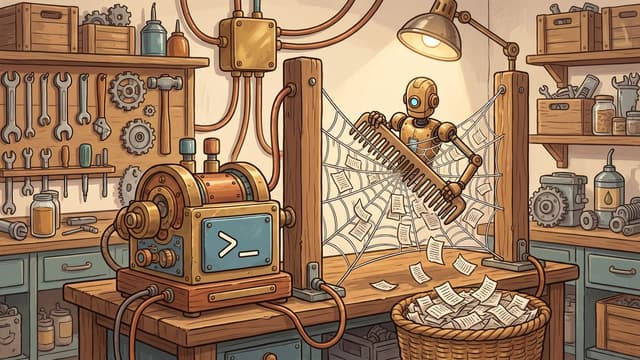 A bronze robot stands behind a web strung between two wooden posts on a workbench, using a wooden rake to comb paper sheets out of the webbing into a woven basket below, while connected by copper cables to a machine with a screen displaying the symbol >-.