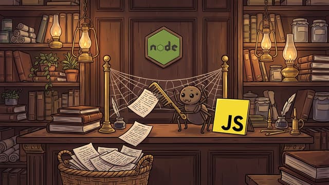 A cartoon spider sits at a wooden desk, holding a golden comb to scrape a sheet of paper off a cobweb strung between two brass posts, beside a yellow square sign displaying "JS" and below a green hexagonal logo reading "node".