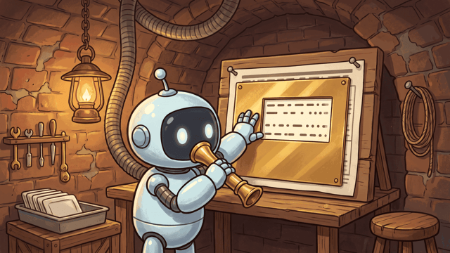 A small round robot in a brick-vaulted cellar holding a brass mouthpiece on a ribbed flexible tube up to its face with one hand, while with the other it presses a large brass stencil plate flat against a sheet pinned to a timber board so that one block of the sheet's dashed marks shows through the stencil's rectangular window, with a lit brass lantern, a rack of tools and a tray of blank plates around it.