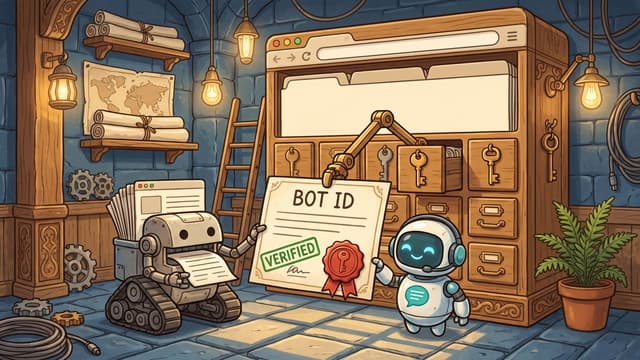 A tracked crawler robot and a round AI agent hold a BOT ID certificate stamped VERIFIED, with a keyhole wax seal, before a browser-shaped key-directory cabinet.