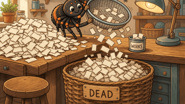 A cartoon spider sieving a huge heap of proxy tickets, nearly all falling into a bin marked dead and a few landing in a small tin marked works