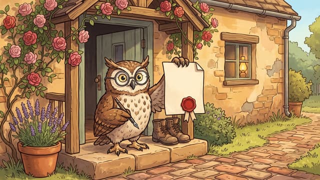 An owl in round spectacles standing on the doorstep of a stone cottage, a quill held in one wing, holding up a large blank sheet of paper closed with a red wax seal and ribbon, with climbing roses over the porch, lavender in a terracotta pot, a pair of worn boots on the step and a lit lamp in the window.