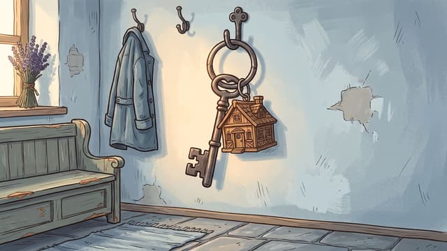 A large iron key hanging from a hook on a pale blue grey wall on a ring with a carved wooden cottage as its fob, with a coat on a second hook at the left, a green painted settle bench below, dried lavender on the windowsill and a flagstone floor.
