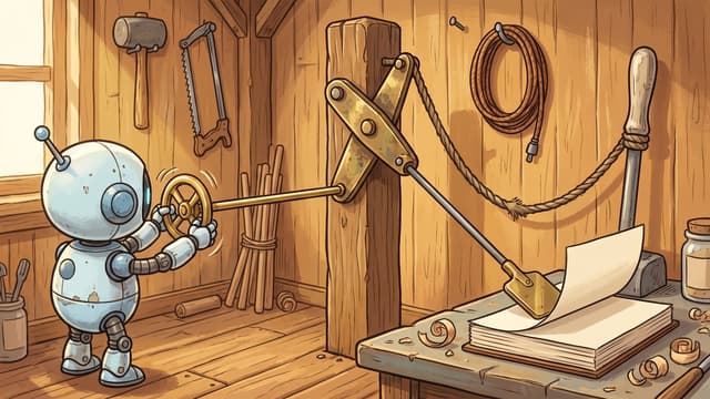 A small round pale blue robot turning a small brass handwheel whose rod runs across to a brass bell crank pinned to an oak post, a thick frayed rope from the other arm of the same crank hanging slack away to a heavy wooden hand lever standing idle at the right, and a rod from the crank working a flat brass paddle that has lifted the top leaf of a thick pad of blank cream sheets on the bench, in a timber workshop with a mallet, a bow saw and a coil of flex on the boarded wall.