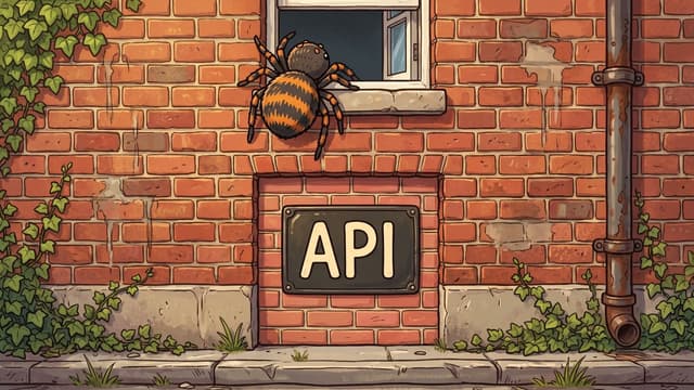A brown and orange spider climbing a red brick wall towards a small open first floor window, the ground floor doorway below it bricked up flush with newer brick and carrying a dark plate lettered API in cream, with ivy up the left of the wall and a rusted cast iron downpipe at the right.