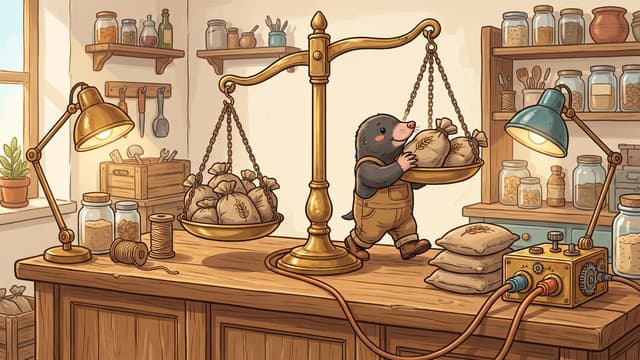A mole wearing overalls stands at a wooden workbench, placing small tied sacks decorated with wheat stalks onto one side of a large brass balance scale, while the opposite side holds several more sacks, set alongside lit desk lamps, glass jars, spools of thread, and a wired electrical box.
