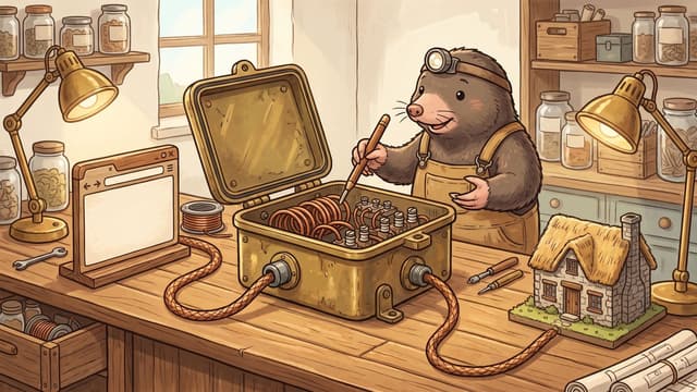 An anthropomorphic mole wearing overalls and a headlamp works at a wooden bench, holding a pointed pencil over an open metal box containing copper coils, which connects via thick braided cables to a wooden frame displaying a web browser interface on the left and a miniature thatched-roof house on the right.