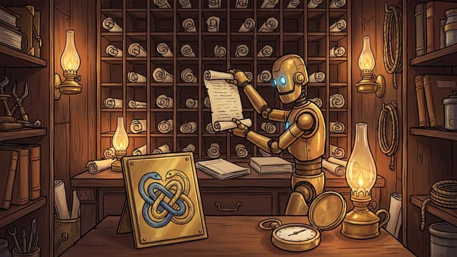 A golden robot stands in a wooden workshop beside glowing oil lamps, inspecting an unrolled scroll in front of a large grid of cubbies filled with scrolls, with an open brass pocket watch and a framed image of intertwined blue and yellow snakes resting on the desk.