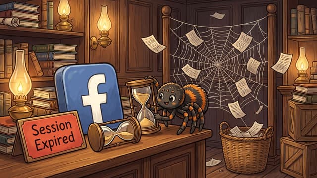A cartoon spider with orange and black stripes stands on a wooden desk beside a large blue block featuring a white Facebook logo, two hourglasses, and a red plaque reading "Session Expired", while loose sheets of paper drift around a large spiderweb in a wooden study.