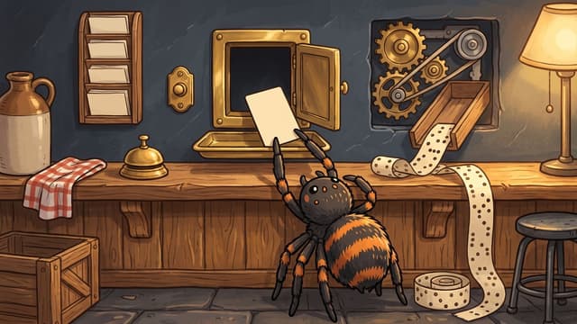 A cartoon spider standing on flagstones at a wooden counter, reaching up to hand a blank card through a small brass hatch that stands open in the dark wall above, with the machinery behind the wall exposed at the right: brass gears, a drive belt and a wooden slot paying out a long punched paper tape that curls down onto the counter, alongside a brass service bell, a rack of paper slips and a lit lamp.