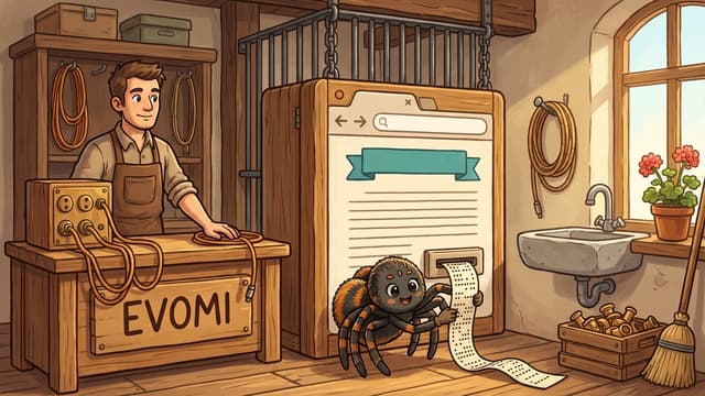 A shopkeeper stands behind a wooden EVOMI switchboard beside a large browser-window panel, while a cartoon spider pulls punched paper tape from a slot at its foot and a heavy barred barrier hangs lifted above the open path.