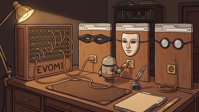 A small robot figure plugs an orange cable into a socket on one of three wooden browser window panels wearing disguise masks and glasses, which are connected by cords to a switchboard labeled EVOMI on a desk lit by a lamp.