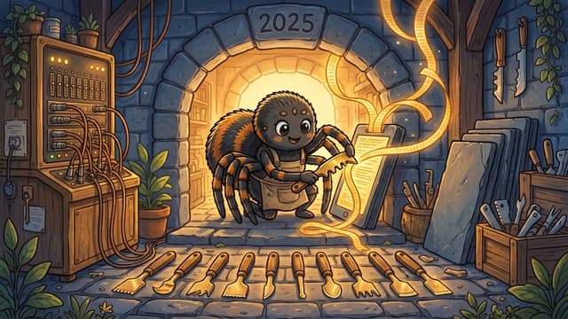 A cartoon spider wearing an apron stands inside a stone archway featuring "2025" carved into its keystone, using a small hand tool to scrape a tablet that emits a glowing ribbon of text, with ten carving tools neatly arranged in a row across the stone floor in the foreground.
