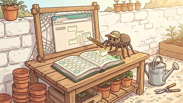 A spider mascot wearing a sun hat uses wooden tweezers to pluck a small extracted data card from a web browser frame prop and place it into an open green ledger book featuring exact lettering 'VBA' on a wooden garden bench.